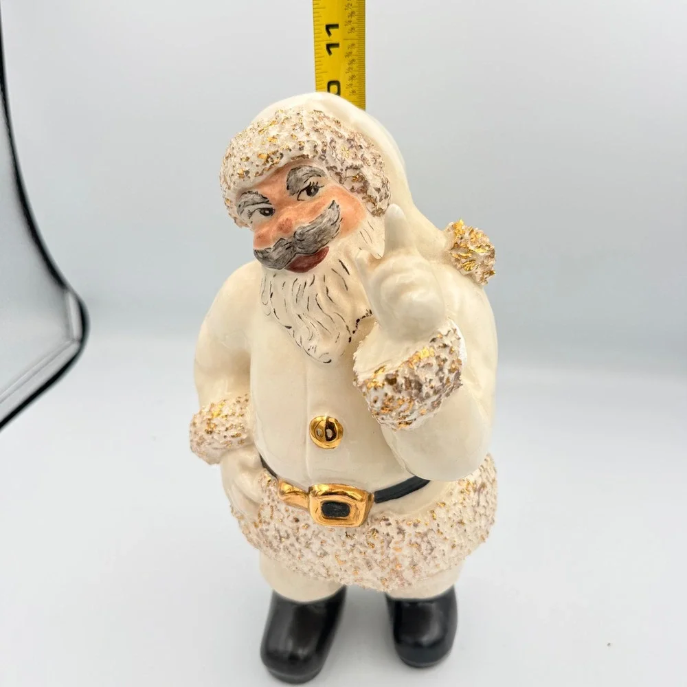 Vintage 1950's Ceramic Santa with Spaghetti Trim White And Gold 10